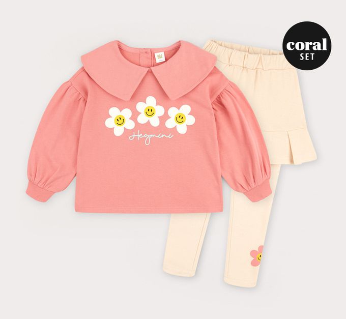 韓國 HEJMINI - 微笑白花裝飾澎袖內搭褲裙套裝-粉X淡橘