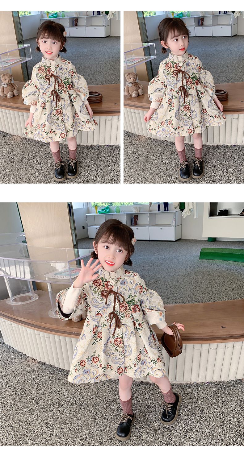 復古油畫風長版外套-花花-奶咖啡色