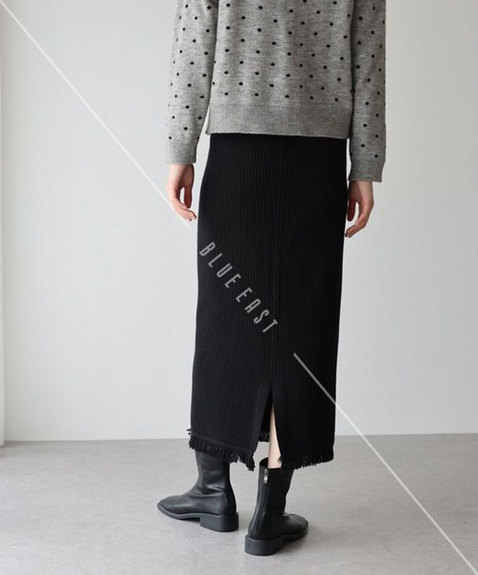 日本 BLUE EAST - 微閃亮羅紋針織流蘇開叉鉛筆裙-摩卡