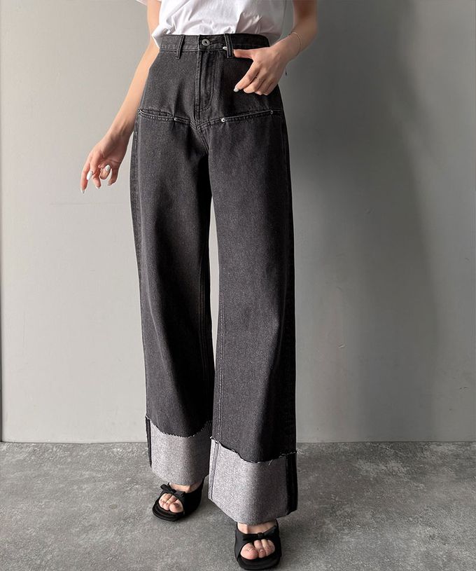 日本 Classical Elf - Java 時尚大反摺修身丹寧寬褲-灰黑
