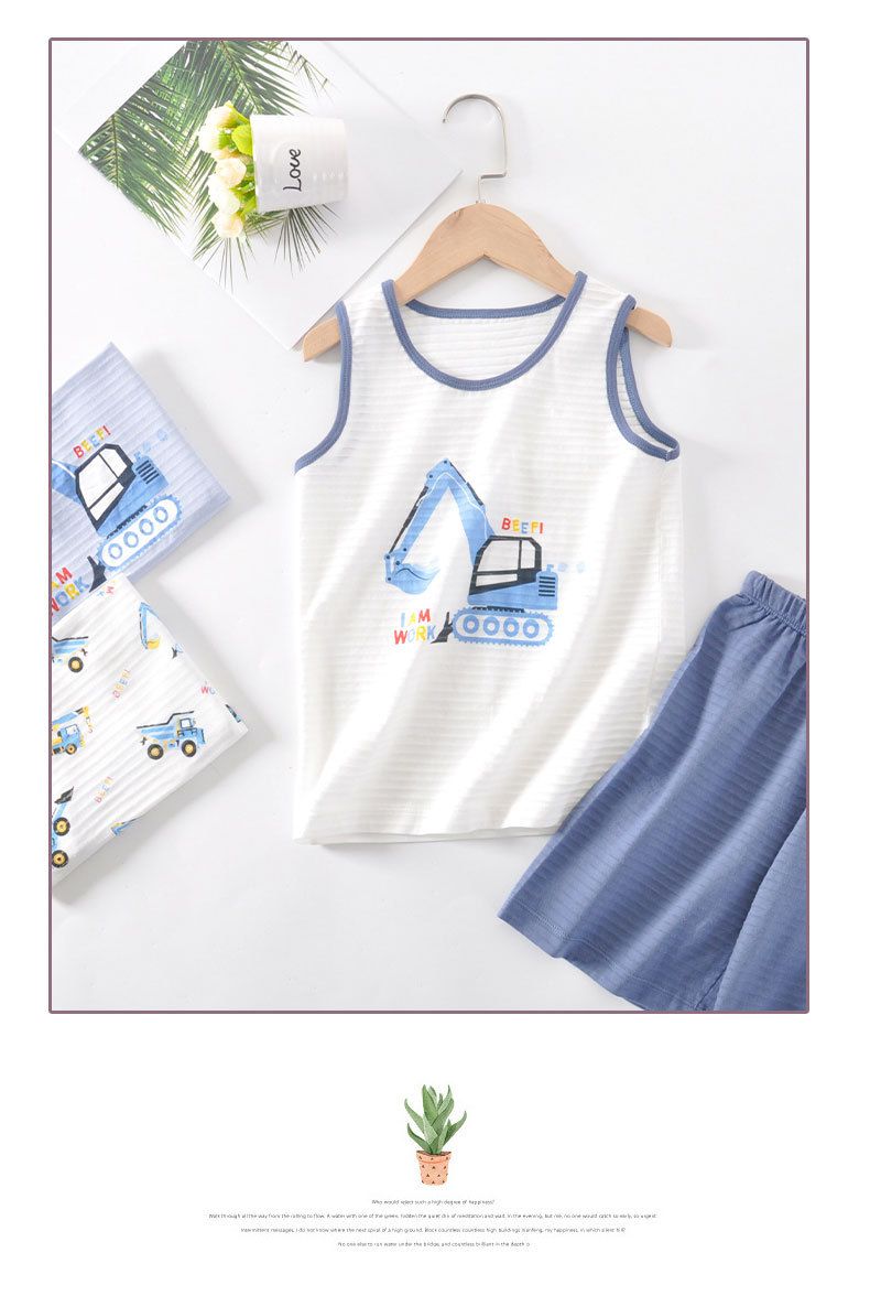 MAMDADKIDS - 竹節棉無袖套裝/家居服-挖掘機-白色