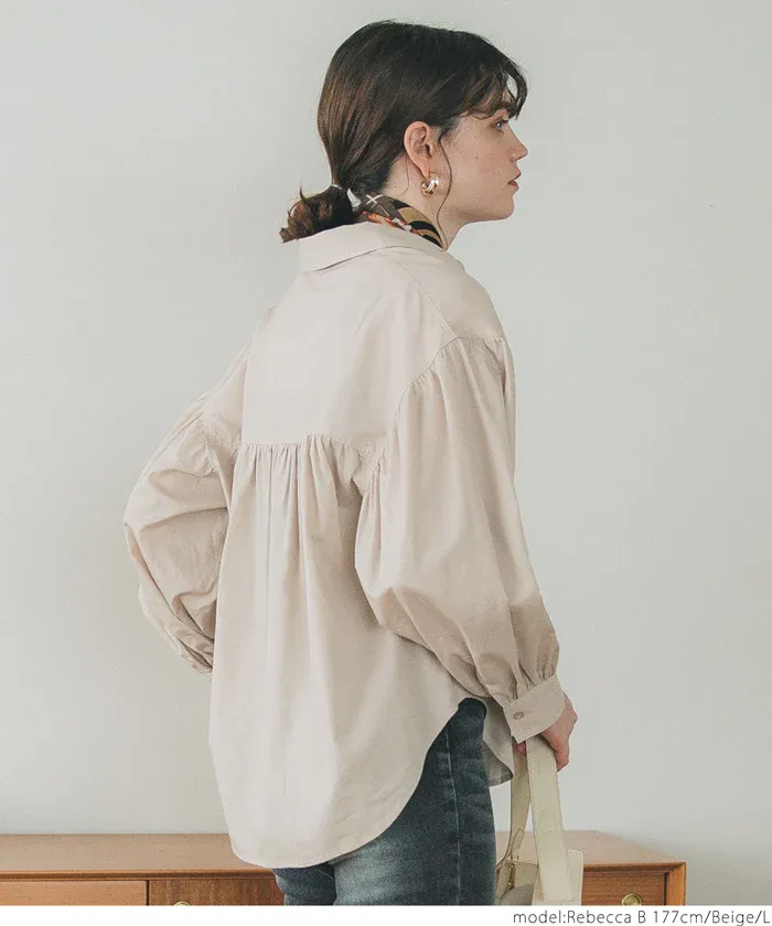 日本 COCA - 翻領寬鬆氣球袖襯衫-米杏