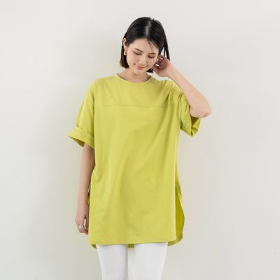 Yukié - 圓領休閒側開衩長版上衣-果綠 (F)