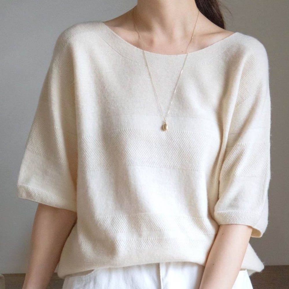 細緻喀什米爾羊毛五分袖無縫針織上衣-米 (FREE)