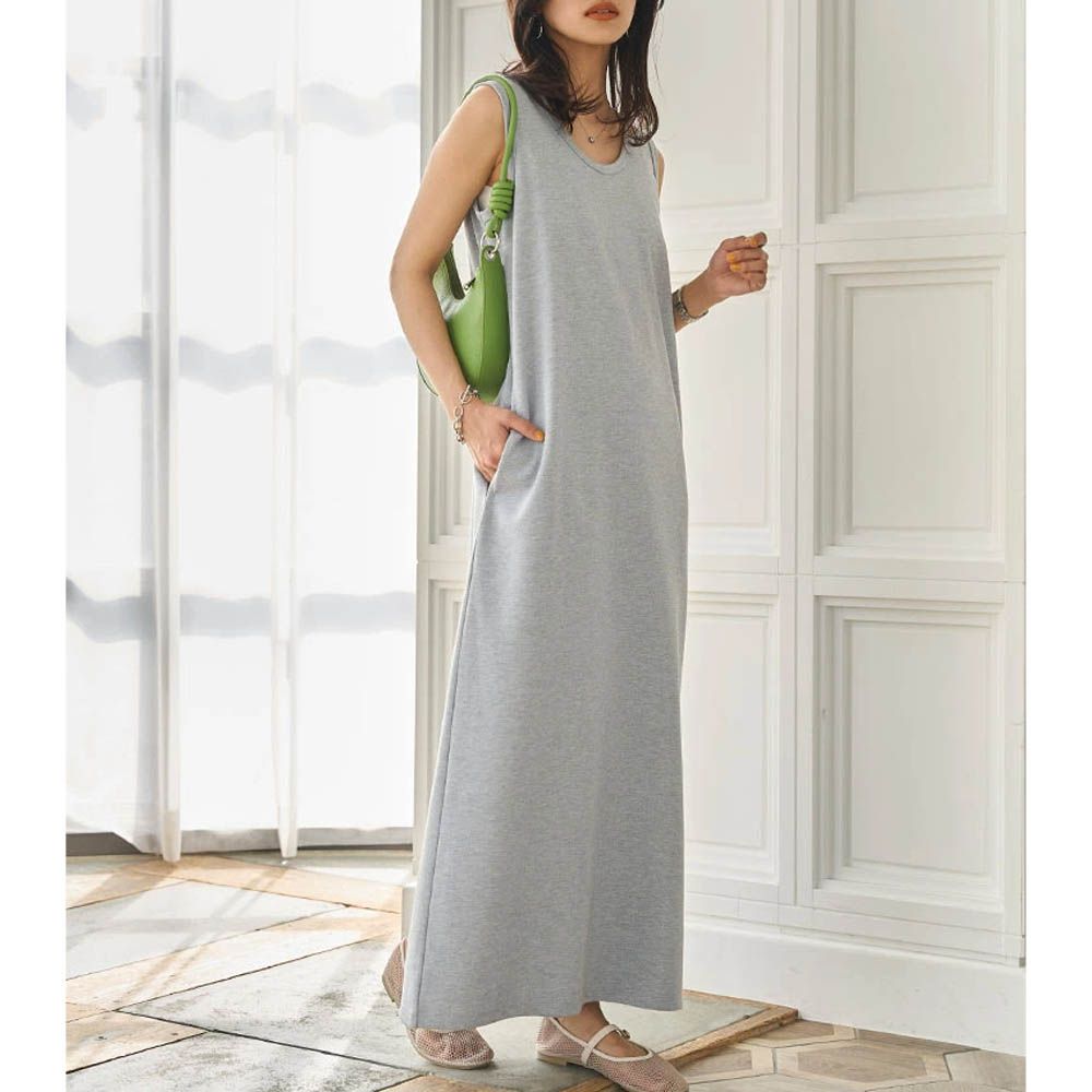 簡約素色修身U領無袖洋裝-(可選長度)-淺灰
