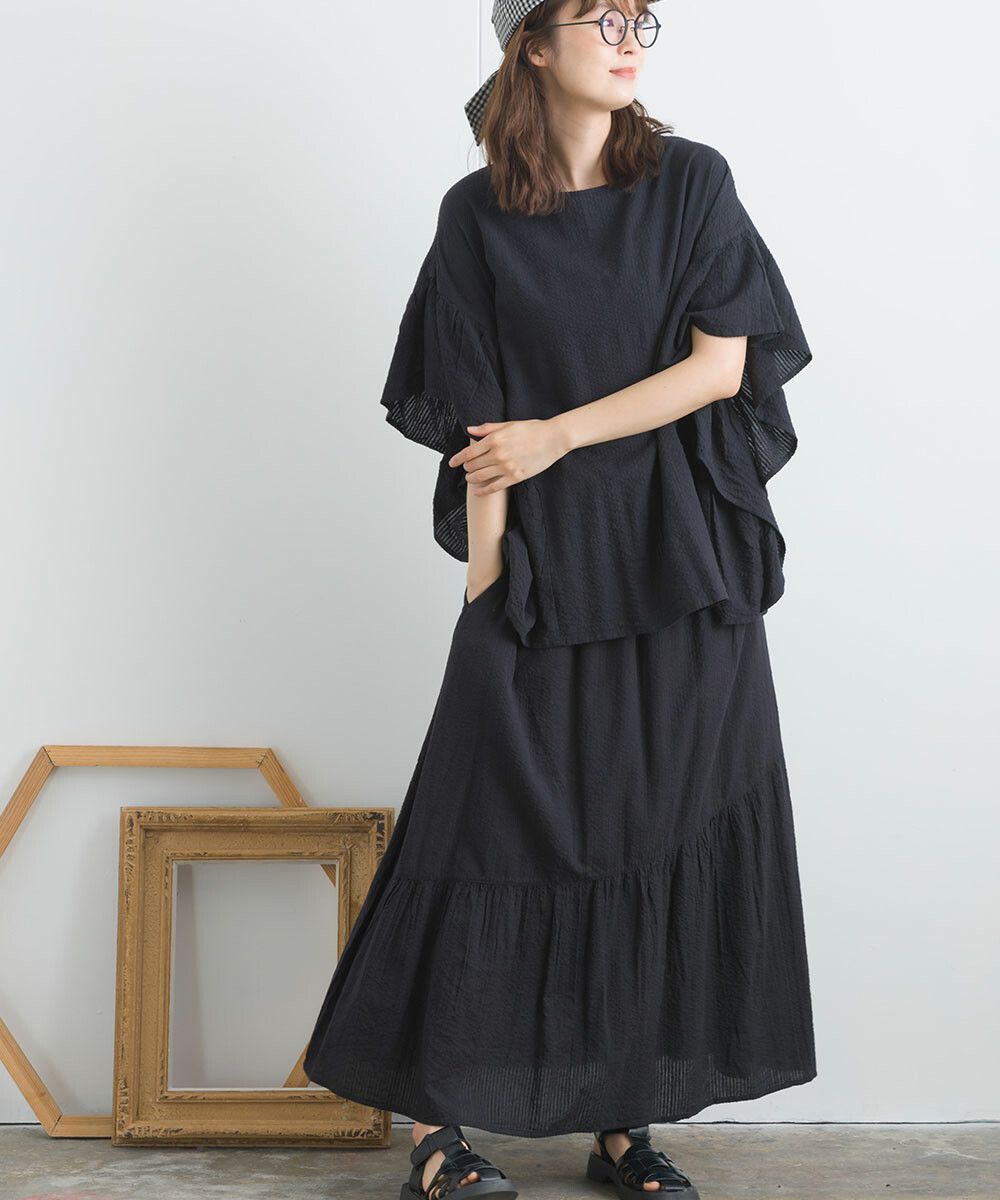 日本女裝代購 - 100%印度棉 超透氣波浪短袖上衣-石墨灰