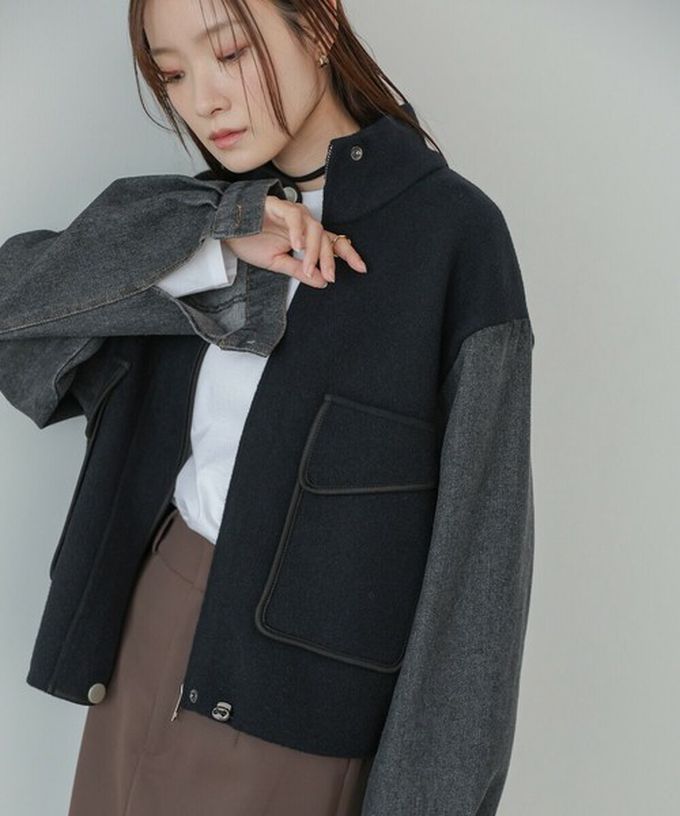 日本 Bab - 俐落簡潔丹寧袖拼接夾克/外套-棕系