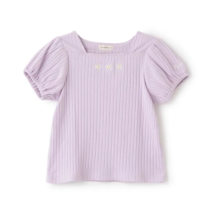 日本 Lycee mine - 方領羅紋可愛刺繡泡泡短袖上衣-小花-薰衣草