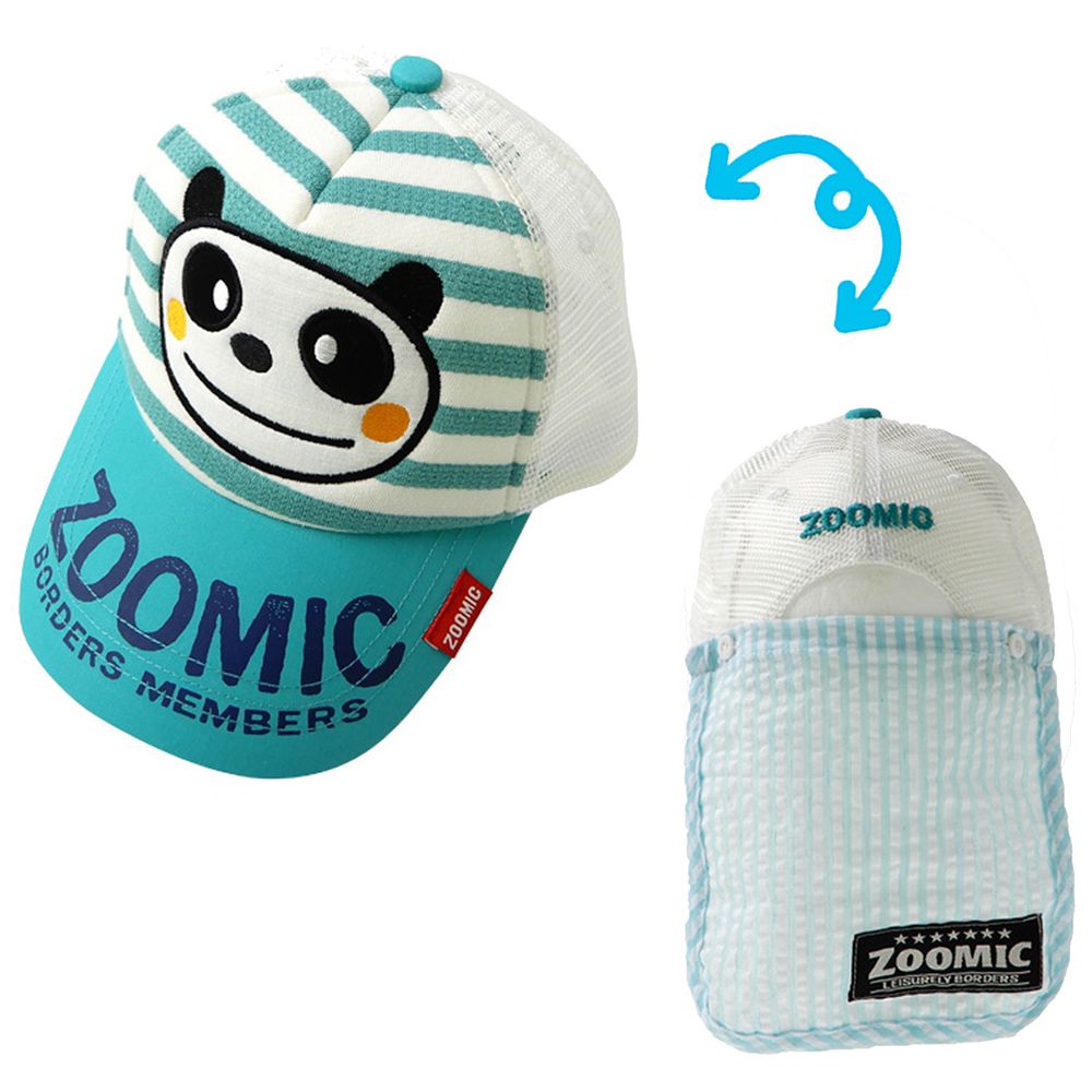 日本 ZOOLAND - 動物透氣網棒球帽(附可拆式遮脖布)-A橫條紋-熊貓薄荷