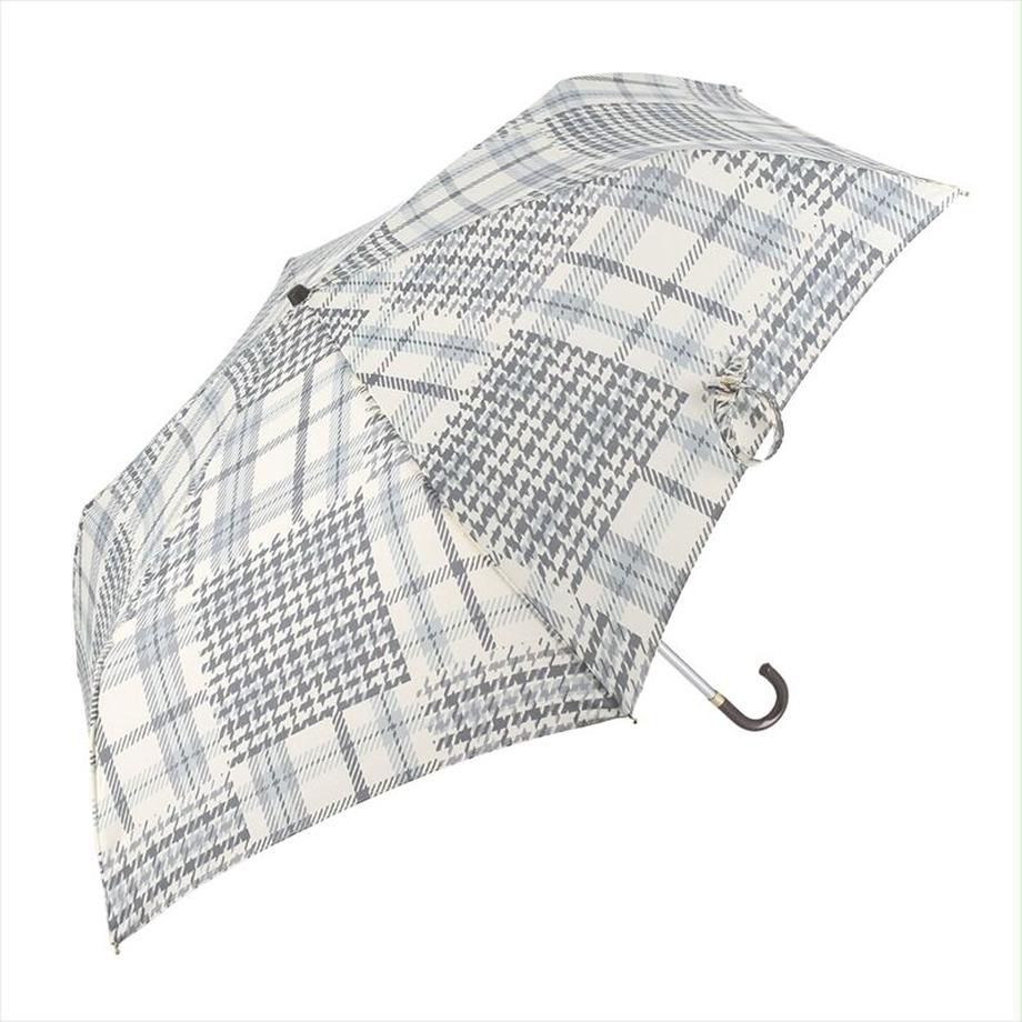 日本 nifty colors - 抗UV輕量 晴雨兩用J型手把折疊傘-格紋拼接-淺藍 (直徑90cm/171g)