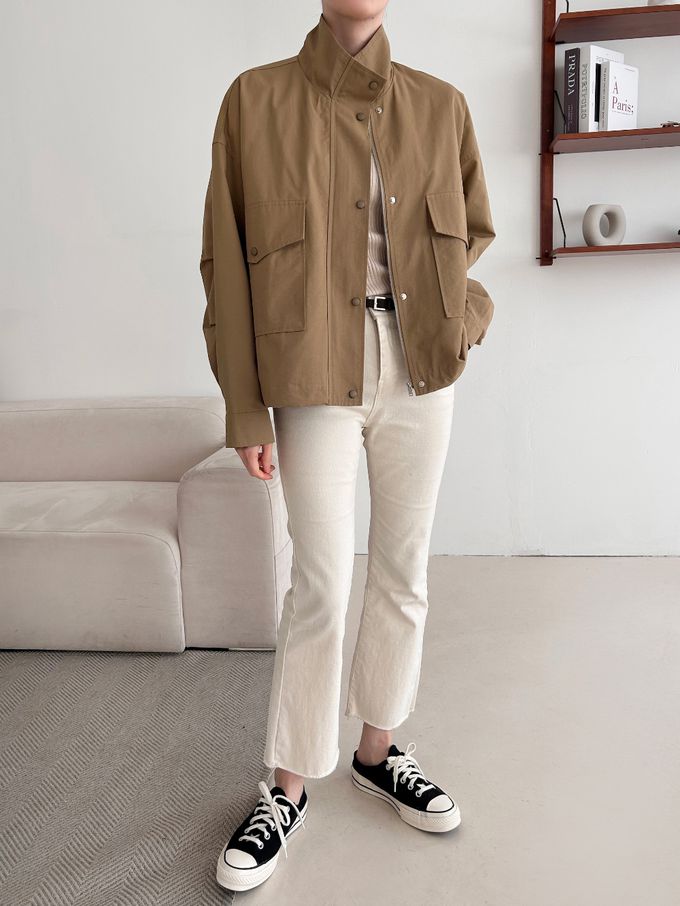韓國女裝連線 - 秋季必備！短版風衣外套-深卡其 (FREE)