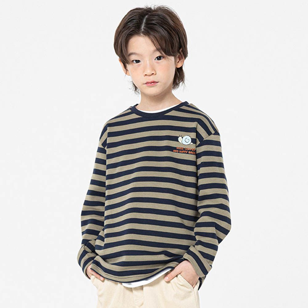 小蝸牛點綴條紋長袖上衣-軍綠X黑