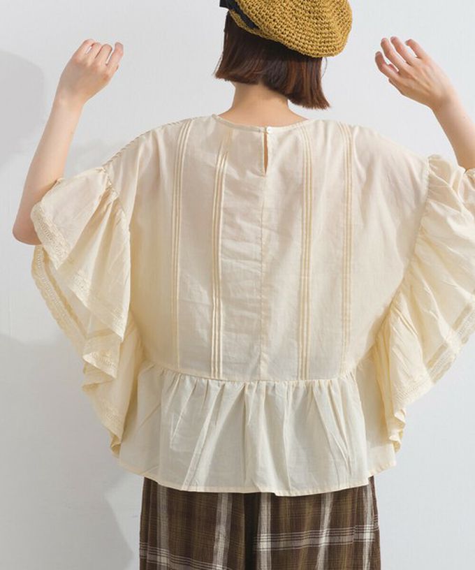 日本 Lupilien - 100%印度棉 細緻緹花大寬袖上衣-芥末黃