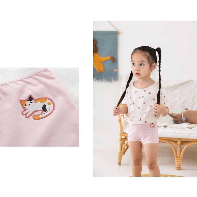 貝柔 Peilou - 天絲棉舒膚平衡童女平口褲-貼布繡-小貓-粉