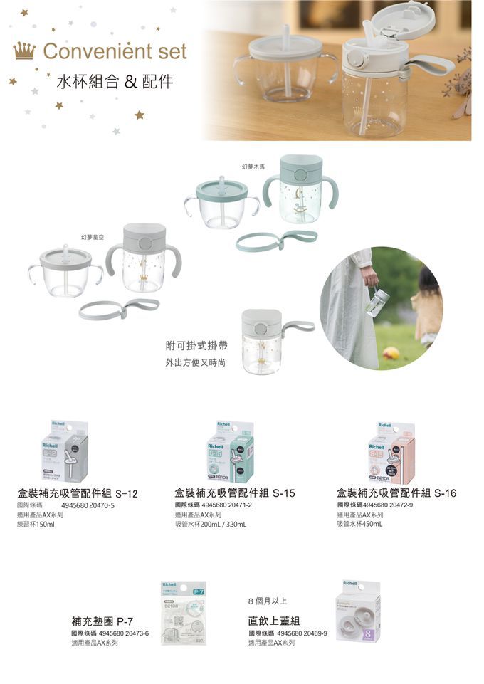 日本 Richell 利其爾 - 【獨賣】幻夢星空吸管直飲水杯套組-灰-320ml+直飲水杯 450mL-灰(贈酵素沐浴劑錠-10顆入+救援小隊8色大豆蠟筆)