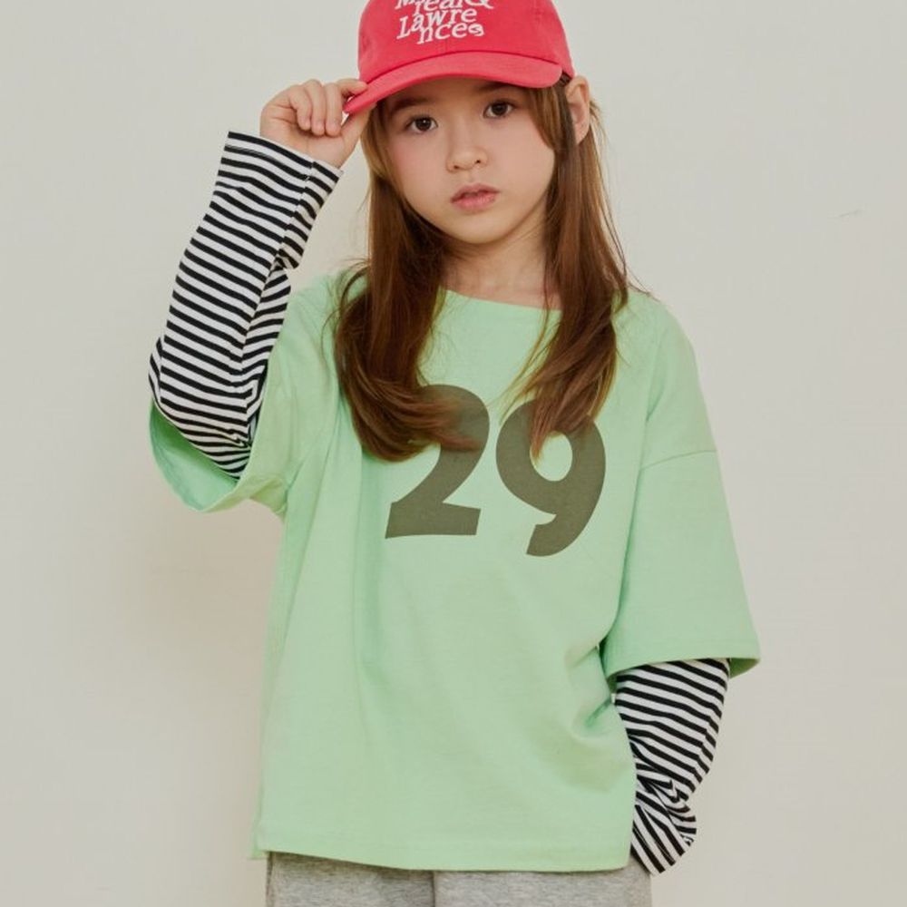 ERINJ 拼接條紋假兩件長袖上衣-數字29-綠