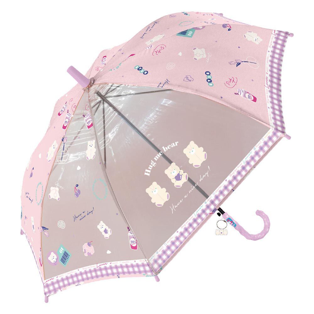 日本中谷 - 透明窗設計兒童雨傘/直傘-熊熊格紋-粉紅 (50cm(身高115-125cm))