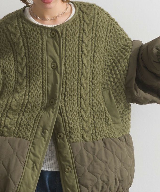 日本 Lupilien - 立體麻花絎縫拼接無領保暖外套-象牙