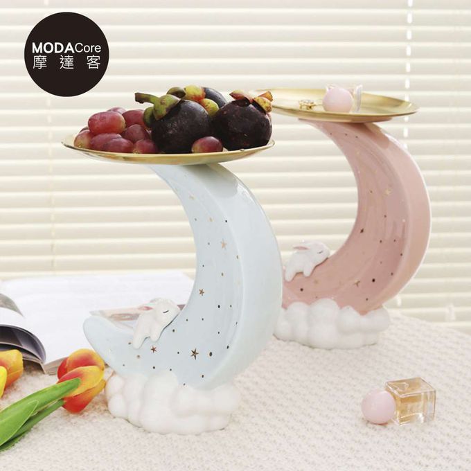 MODACore 摩達客 - ◉春節開運◉超萌祈願小白兔星星彎月頂托盤陶瓷擺飾-三色可選-粉紅