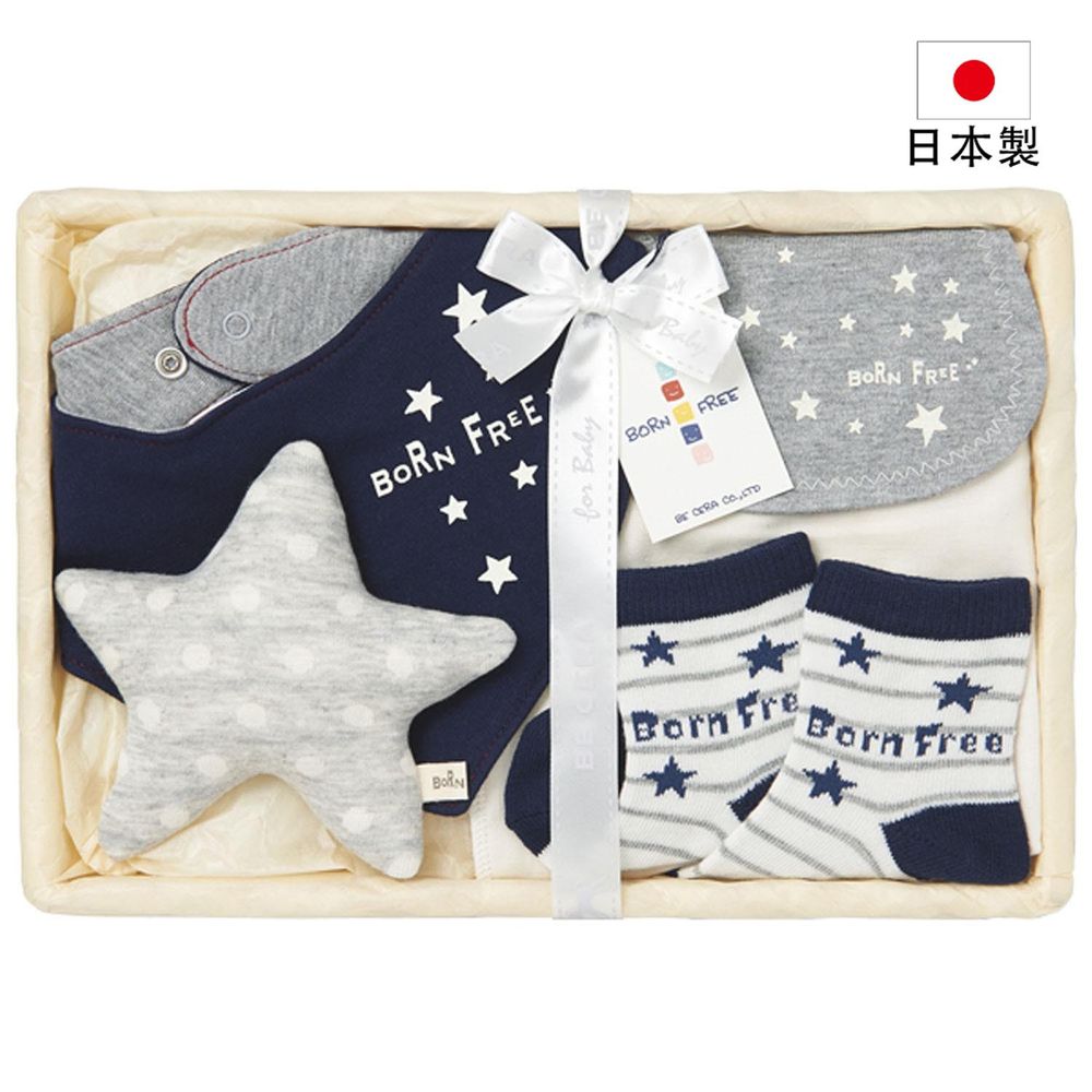 akachan honpo - 日本製幼兒用品禮盒-星星-深藍色 (吸汗背巾:50~70cm 圍兜:60~70cm 襪子:11~13cm)