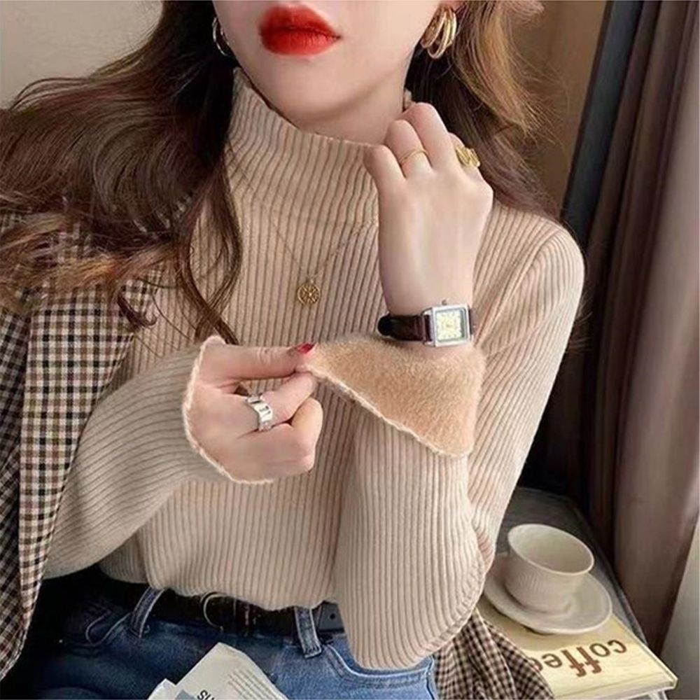 溫暖內毛絨百搭高領針織上衣-卡其