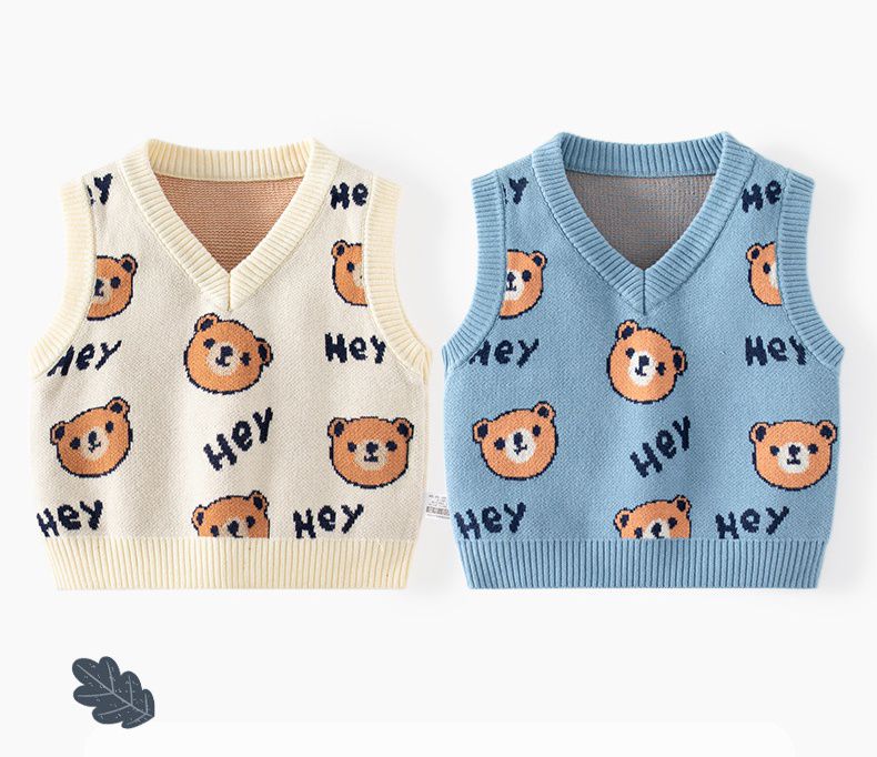 舒適V領百搭針織背心-Hey熊熊-藍色