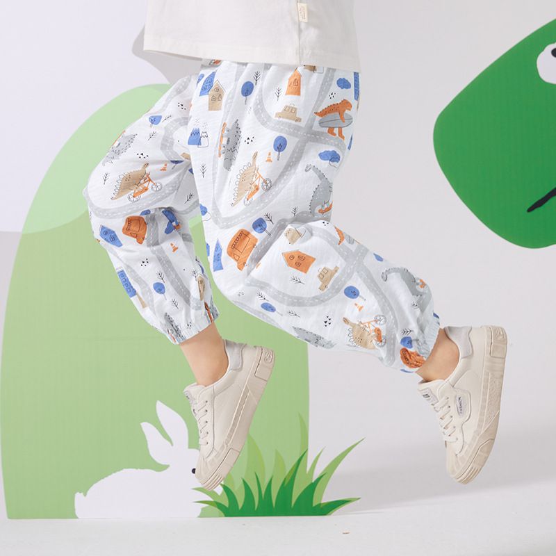 純棉束口長褲/防蚊褲-恐龍城鎮-白色