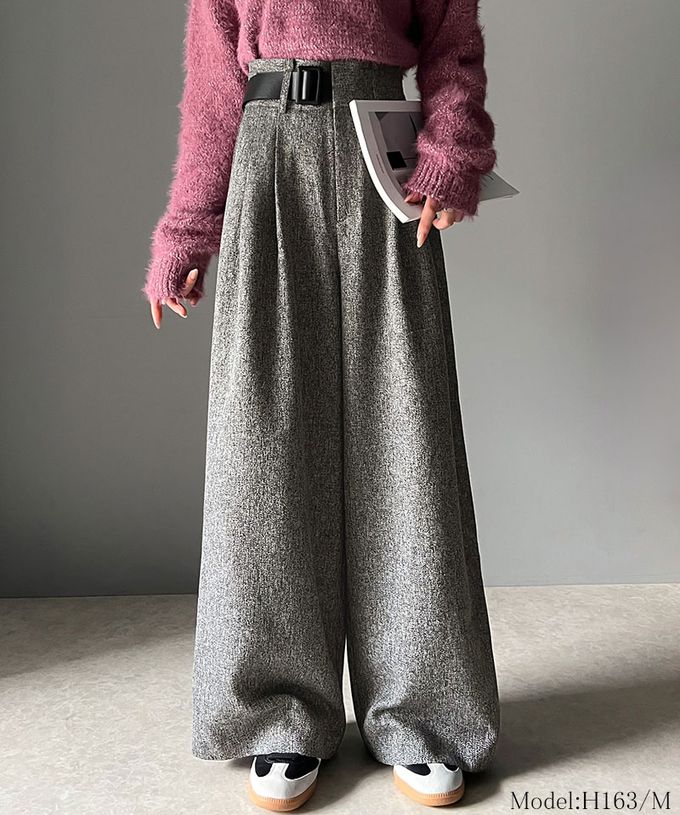 日本 Classical Elf - 腰帶造型粗花呢高腰美腿寬褲-淺杏