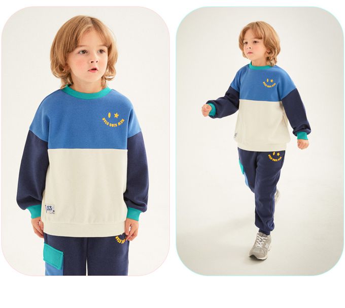 韓國 Jelispoon - 笑臉印撞色拼接內刷毛長袖套裝-深藍