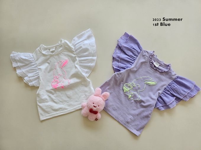 韓國 First Blue - 層次蝴蝶袖花領上衣-蛋糕兔兔-白