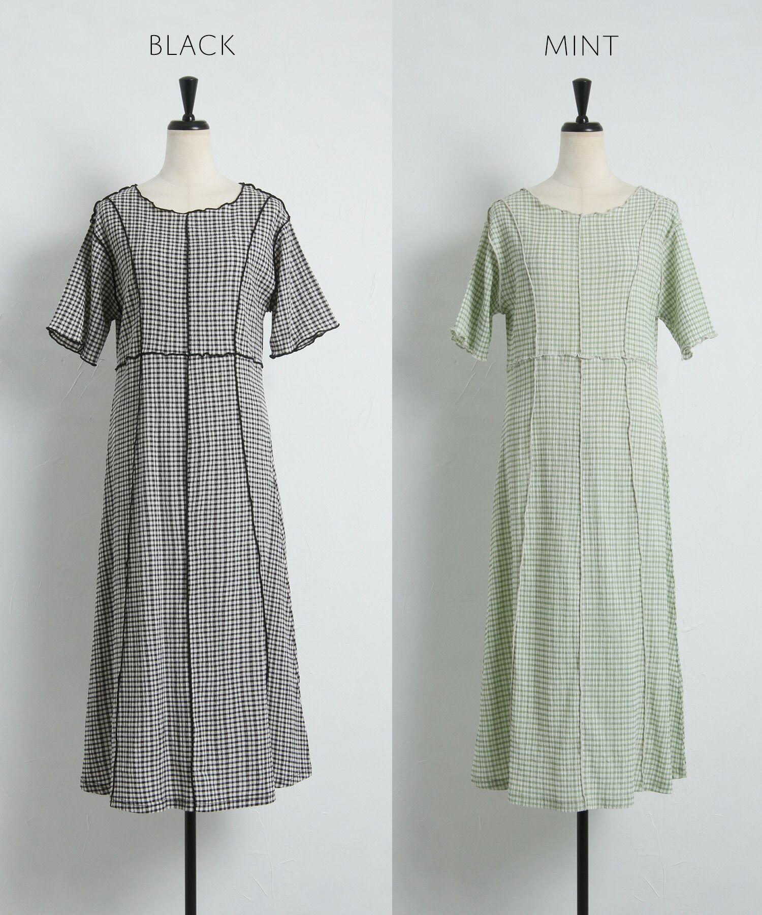 日本 tocco-closet - 修身線條五分袖洋裝-格紋-薄荷
