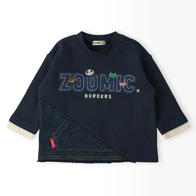 日本 ZOOLAND - 丹寧風小熊裏毛長袖上衣-品牌好朋友-海軍藍x黑