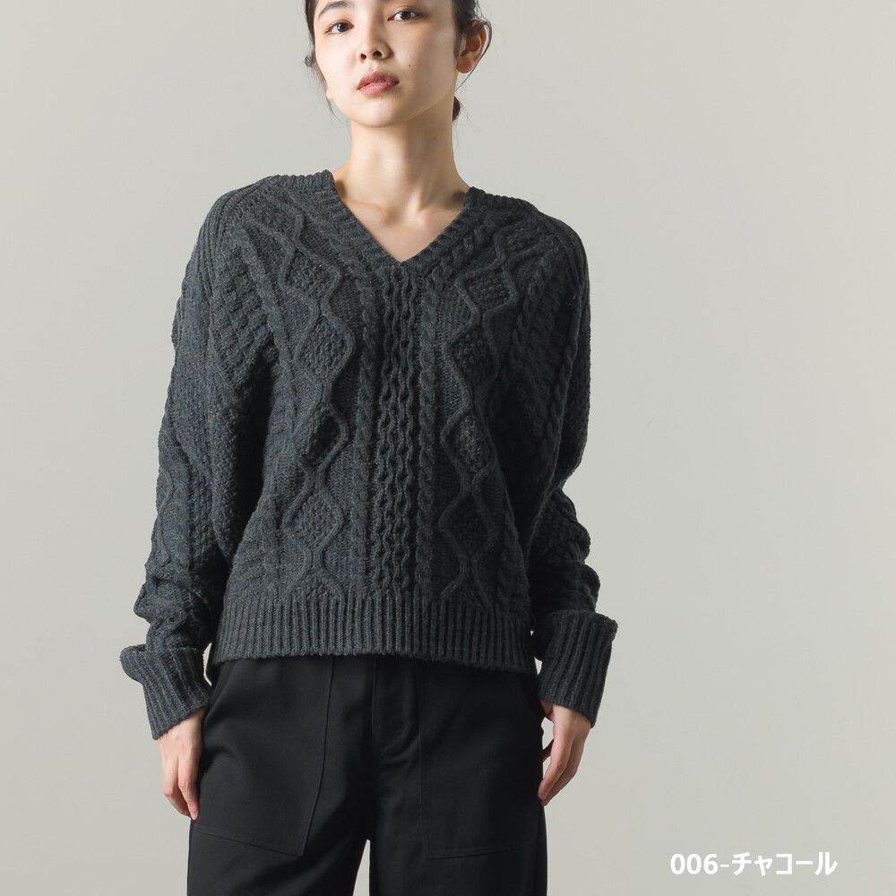 日本女裝代購 - 交錯麻花小V領針織毛衣-深灰 (Free size)