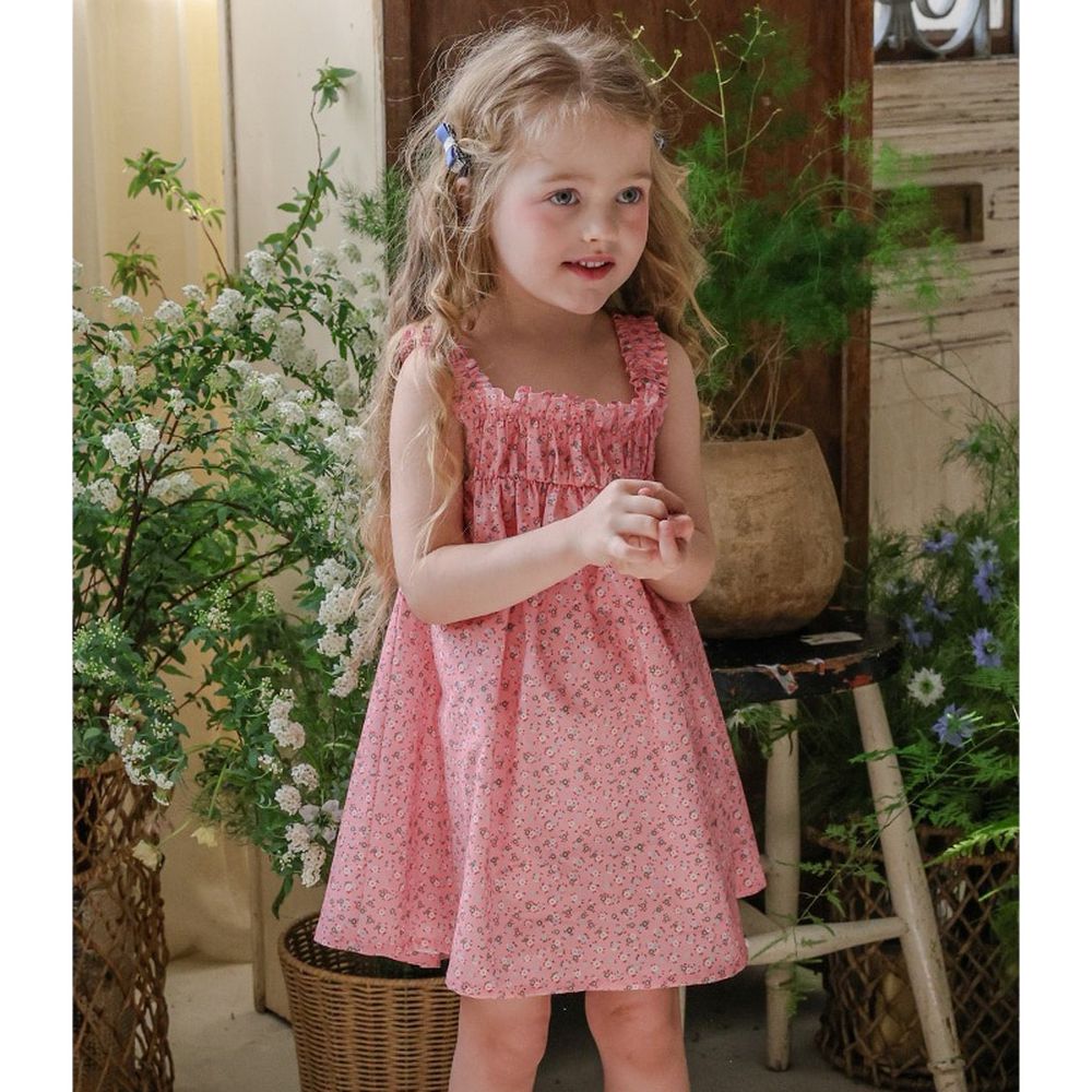 Puellaflo 亮麗花彩彈性抓褶背心洋裝-桃粉