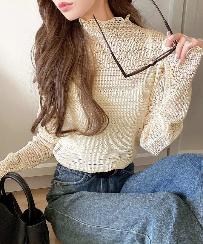 日本 Classical Elf - 鏤空蕾絲木耳邊小高領長袖上衣-炭灰