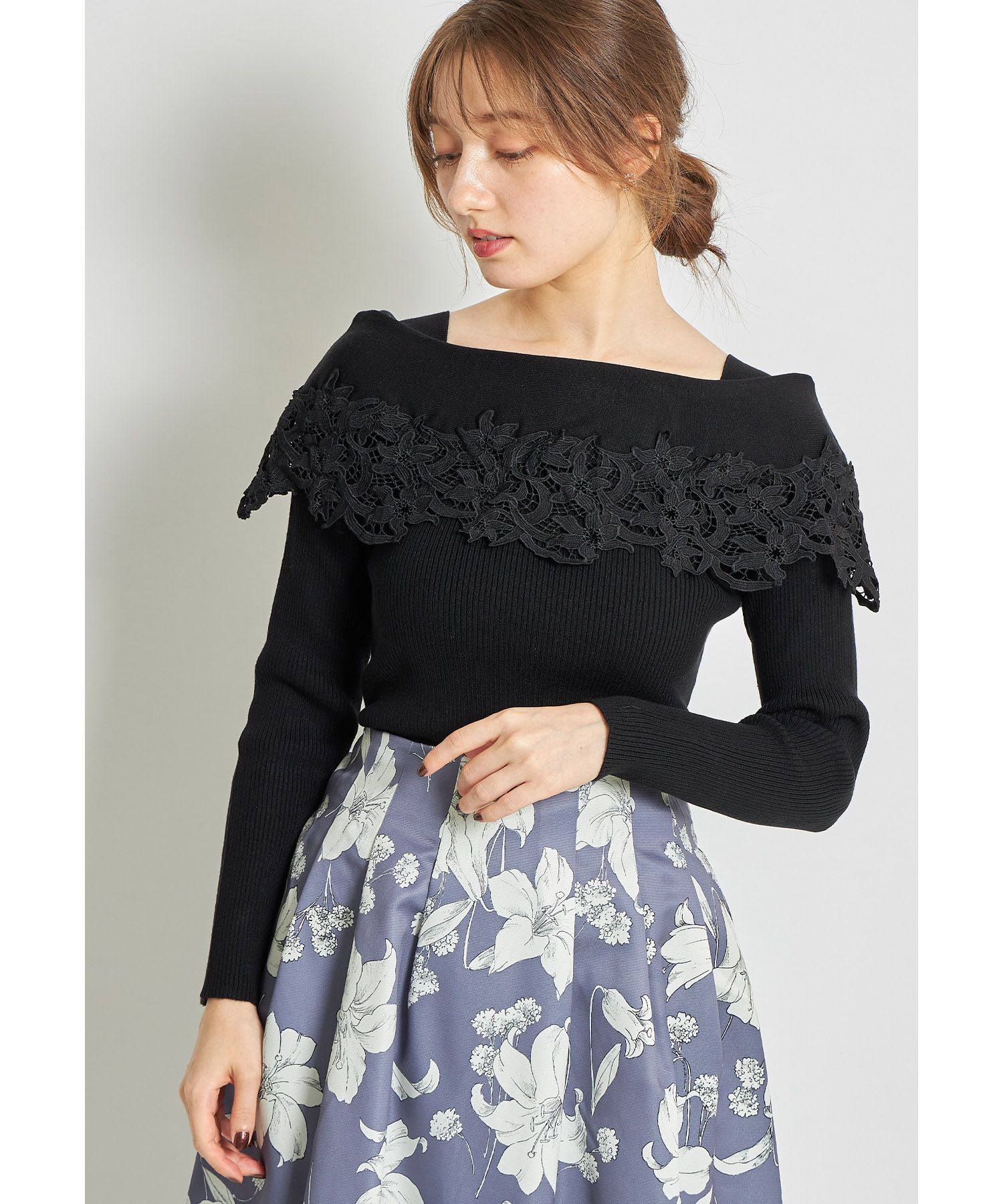 日本 tocco-closet - 氣質蕾絲拼接針織上衣-天使白