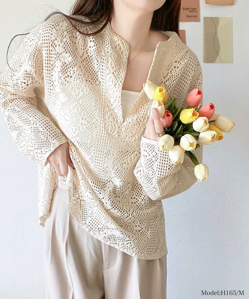 日本 Classical Elf - 春日浪漫鉤針長袖上衣/罩衫-米杏