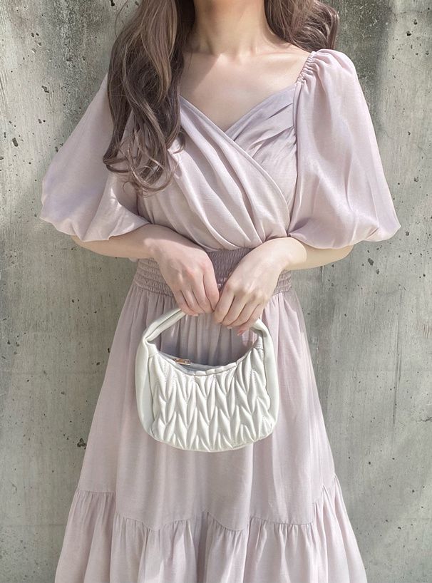 日本 GRL - 浪漫圓舞曲泡泡袖雪紡洋裝-高原綠