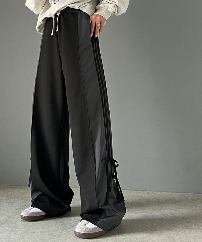 日本 Classical Elf - mily bilet 撞色拼接側綁帶寬褲-茶綠