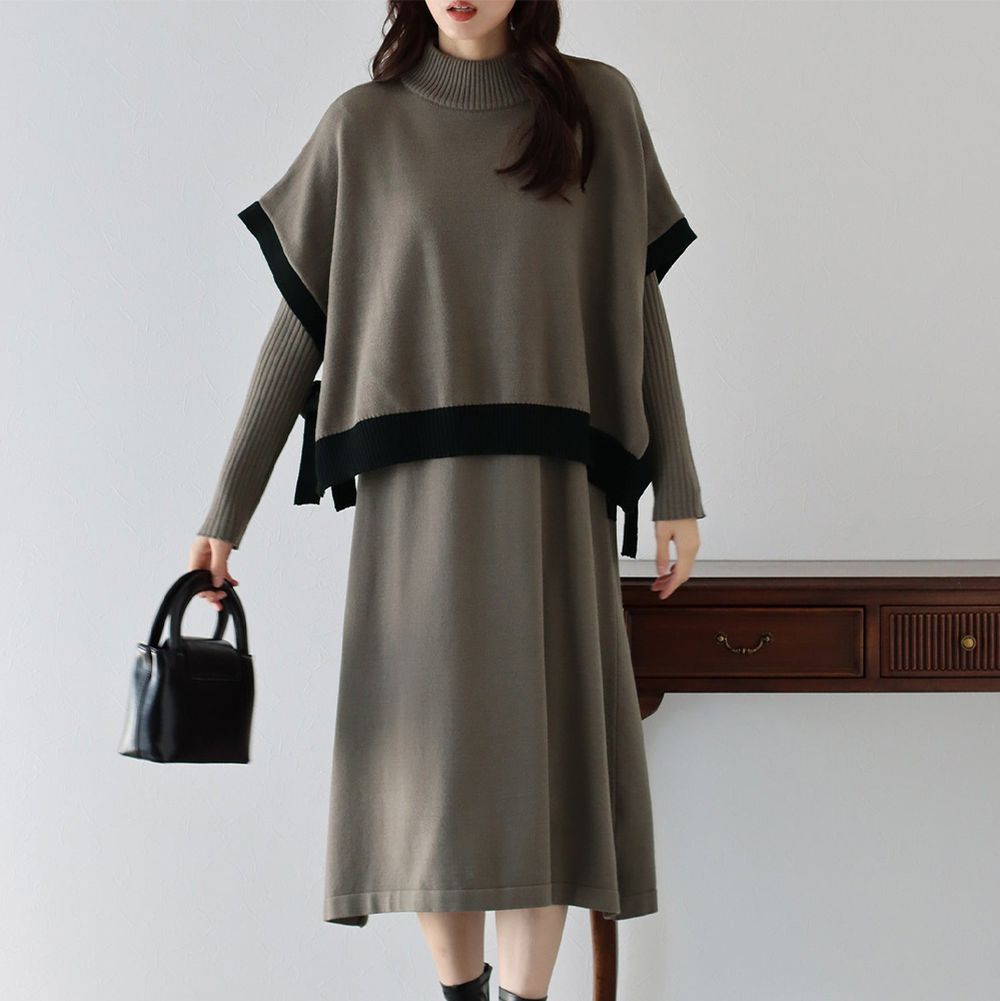 [經典款]氣質針織斗篷綁帶長袖洋裝2件組-深摩卡x黑