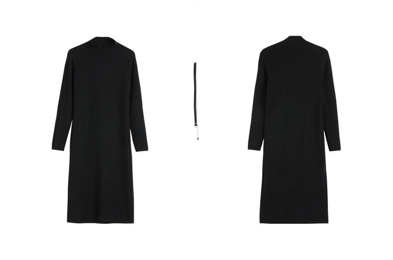 金屬腰帶針織長袖連身裙-黑色