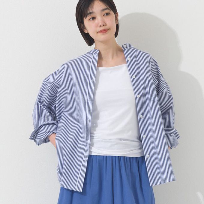 日本 OMNES - 純棉 俐落條紋寬鬆感立領襯衫-翠綠