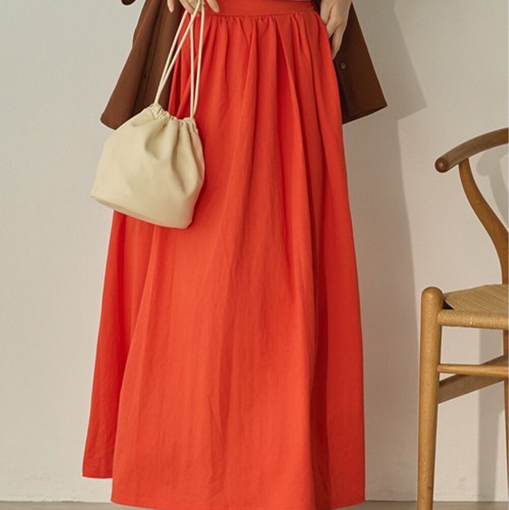 接觸涼感 透氣飄逸感打摺長裙(有口袋)-橘