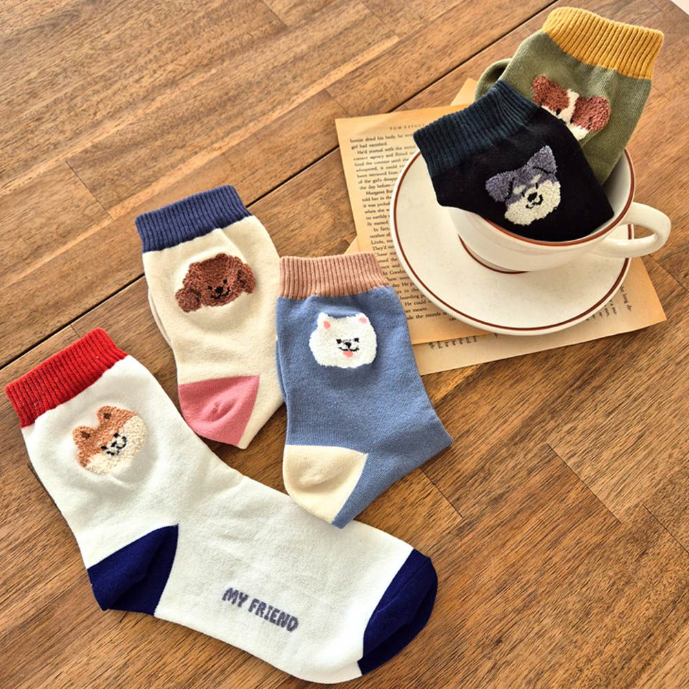 韓製動物毛巾繡彈性中筒襪-狗狗 (23-25cm)-5雙,全花色各1