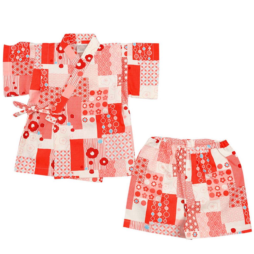 Akachan Honpo 兩件式甚平 山茶花拼布 紅色 媽咪愛