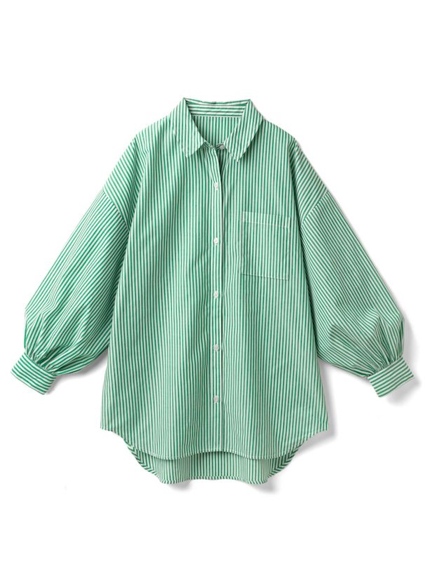 日本 GRL - 聯名款 經典直條紋長袖襯衫-凱蒂綠 (F)