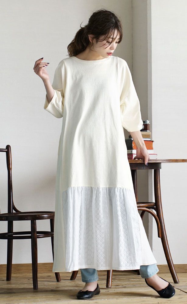 日本 zootie - 純棉蕾絲撞色拼接七分袖長版洋裝-灰杏