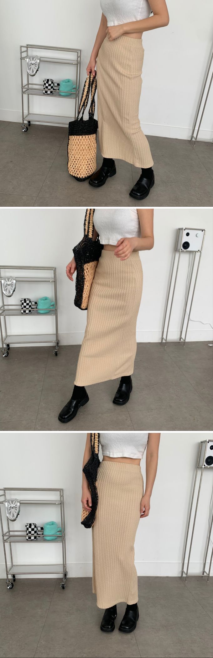 韓國 LANDING - 鬆緊腰麻花紋修身長裙-淺卡其 (FREE)