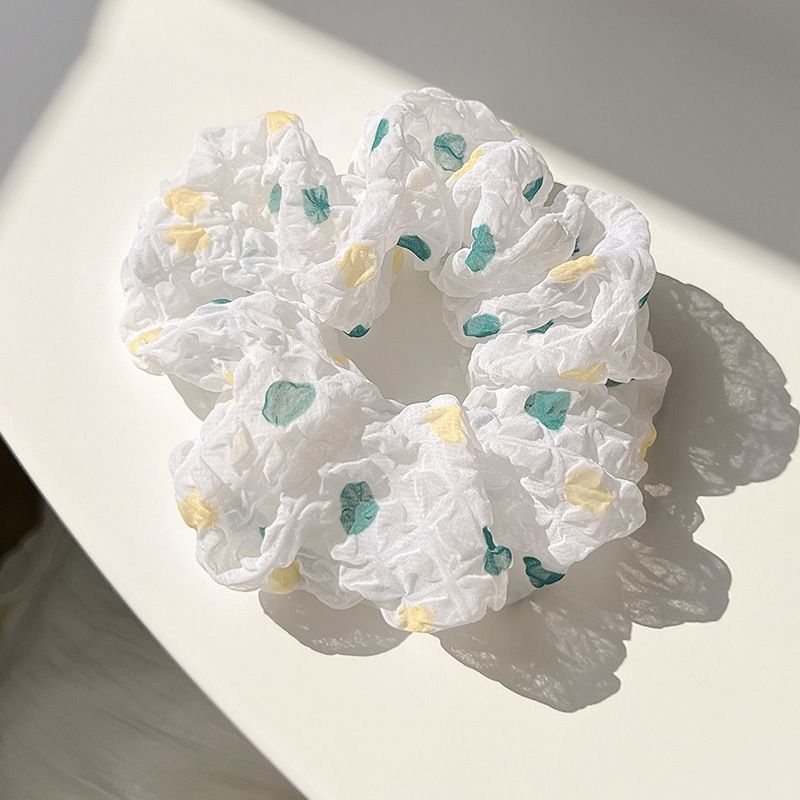 皺摺感小清新布藝大腸圈/髮圈-圓點-白色