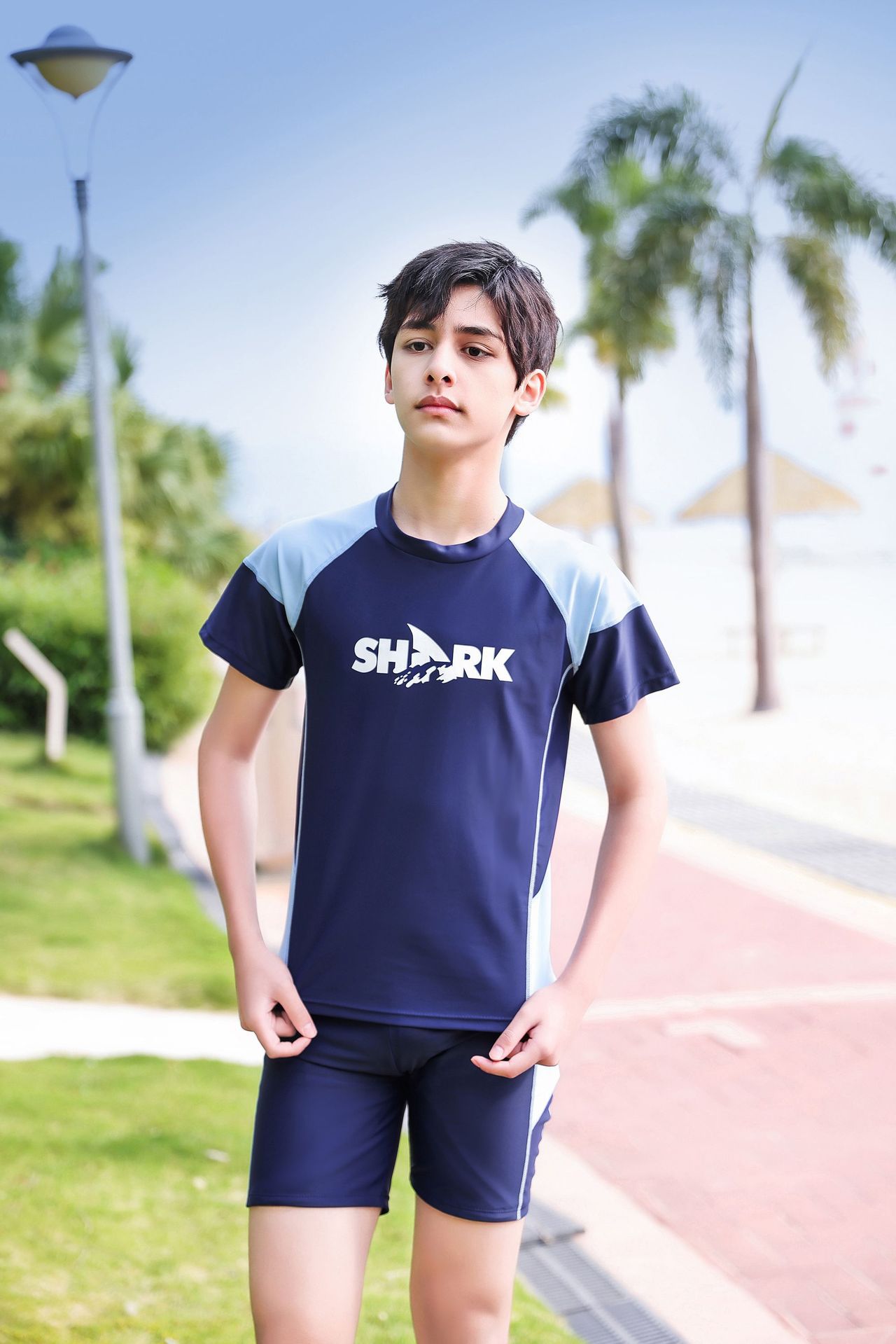 大童男孩短袖泳衣套裝(二件組)-SHARK-黑色-泳衣、泳褲